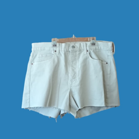 BS24-4 Tan High Rise Denim Frayed Hem Shorts 16 - Picture 1 of 5